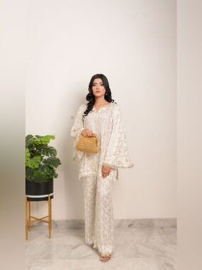 Cream Floral Boot-Cut Pants & Tunic Set